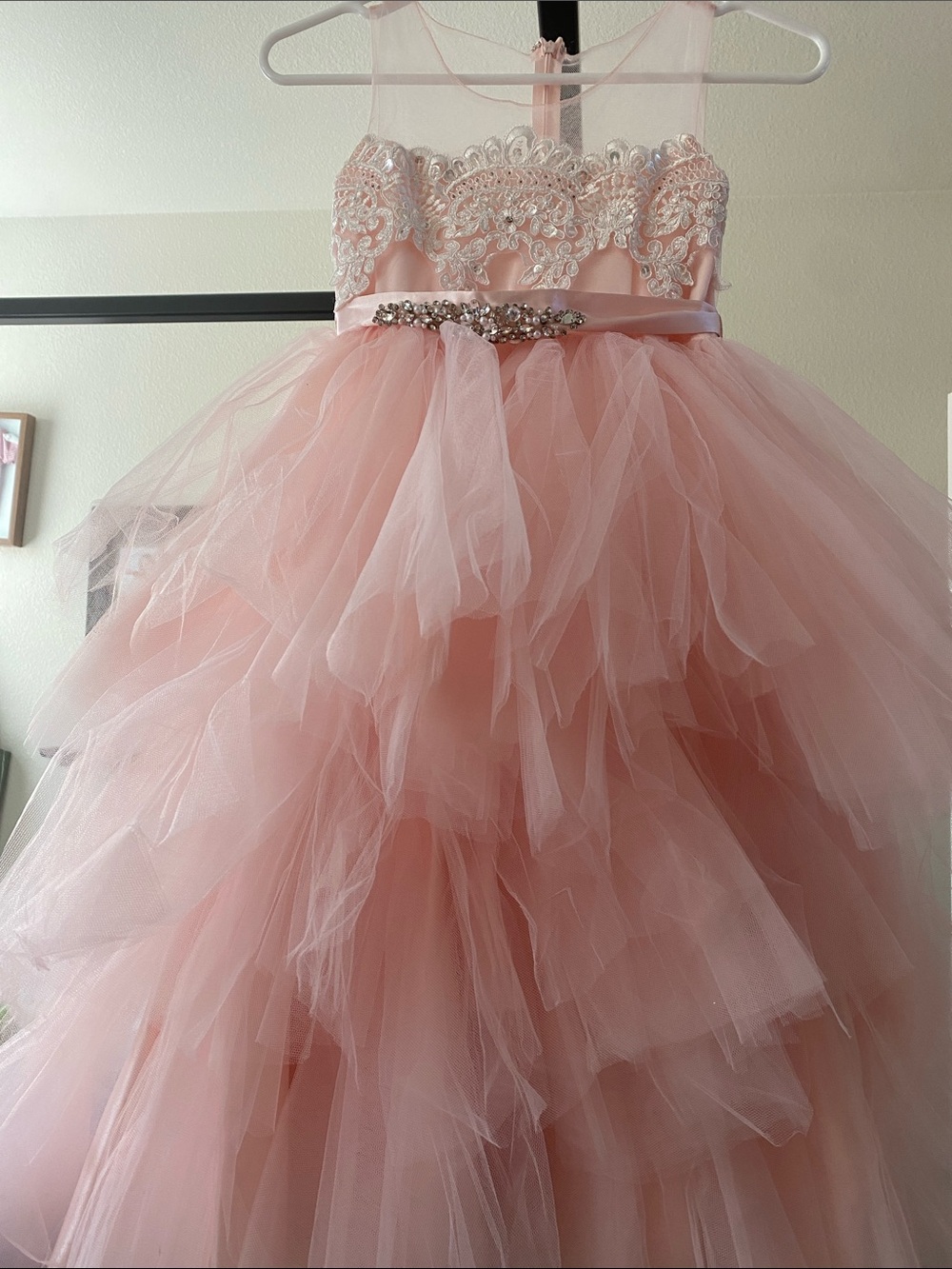 Pink Tulle Layered Flower Girl Dress with Jeweled Waist